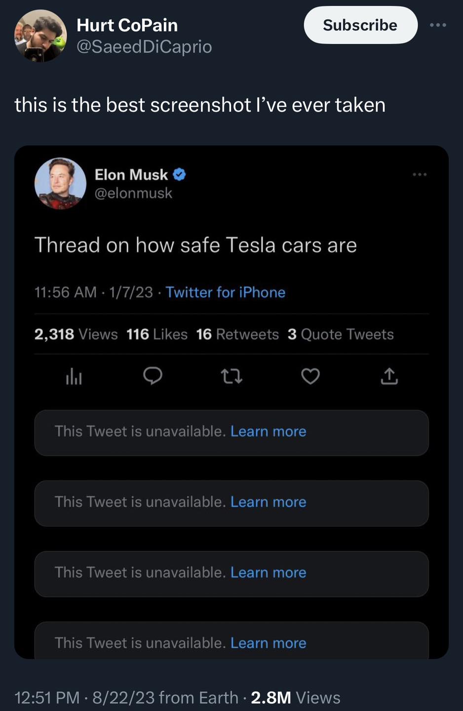 This meme is a screenshot of a tweet from Elon Musk, where he tweets a thread about the safety of Tesla cars. The thread starts with "Thread on how safe Tesla cars are" and the tweet is empty, with no content. The tweet is likely a joke, as it's a thread with no content, and the tweet is empty.