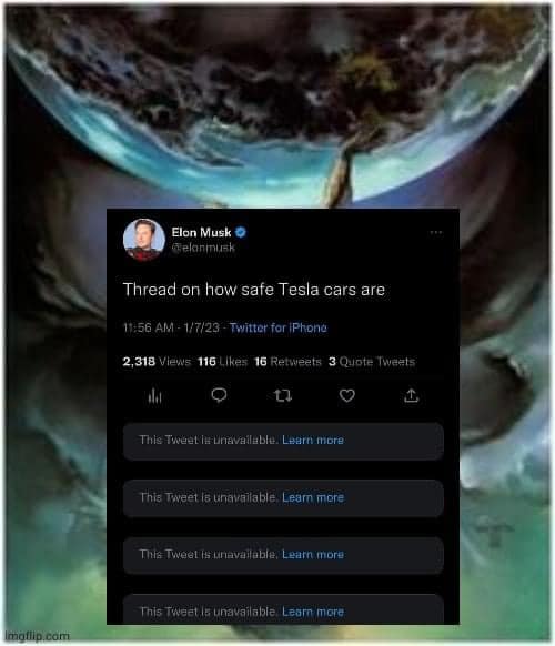 This meme is an image of the Earth from space, with a giant asteroid or comet hurtling towards it. The text at the top of the image reads "Thread on how safe Tesla cars are". The image is likely a joke or commentary on the safety of Tesla cars, suggesting that they are not as safe as they seem.