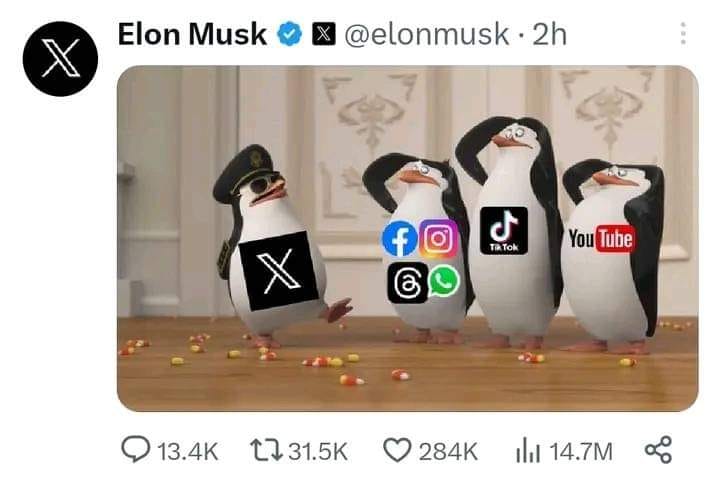 The meme is a screenshot of a tweet from Elon Musk's Twitter account, featuring an animated image of three penguins from the movie "Happy Feet" dancing to a song. The penguins are wearing hats and sunglasses, and one of them is holding a smartphone with various social media app icons on it, including Twitter, Facebook, Instagram, TikTok, and YouTube. The tweet is captioned "I'm not a fan of the new Twitter" with a "I'm not a fan" face.