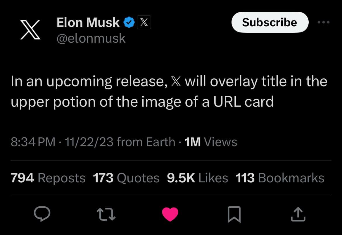 This meme is a screenshot of a tweet from Elon Musk's Twitter account. The tweet reads: "In an upcoming release, X will overlay title in the upper potion of the image of a URL card." The tweet is likely a joke or a mistake, as the word "potion" is likely meant to be "portion".