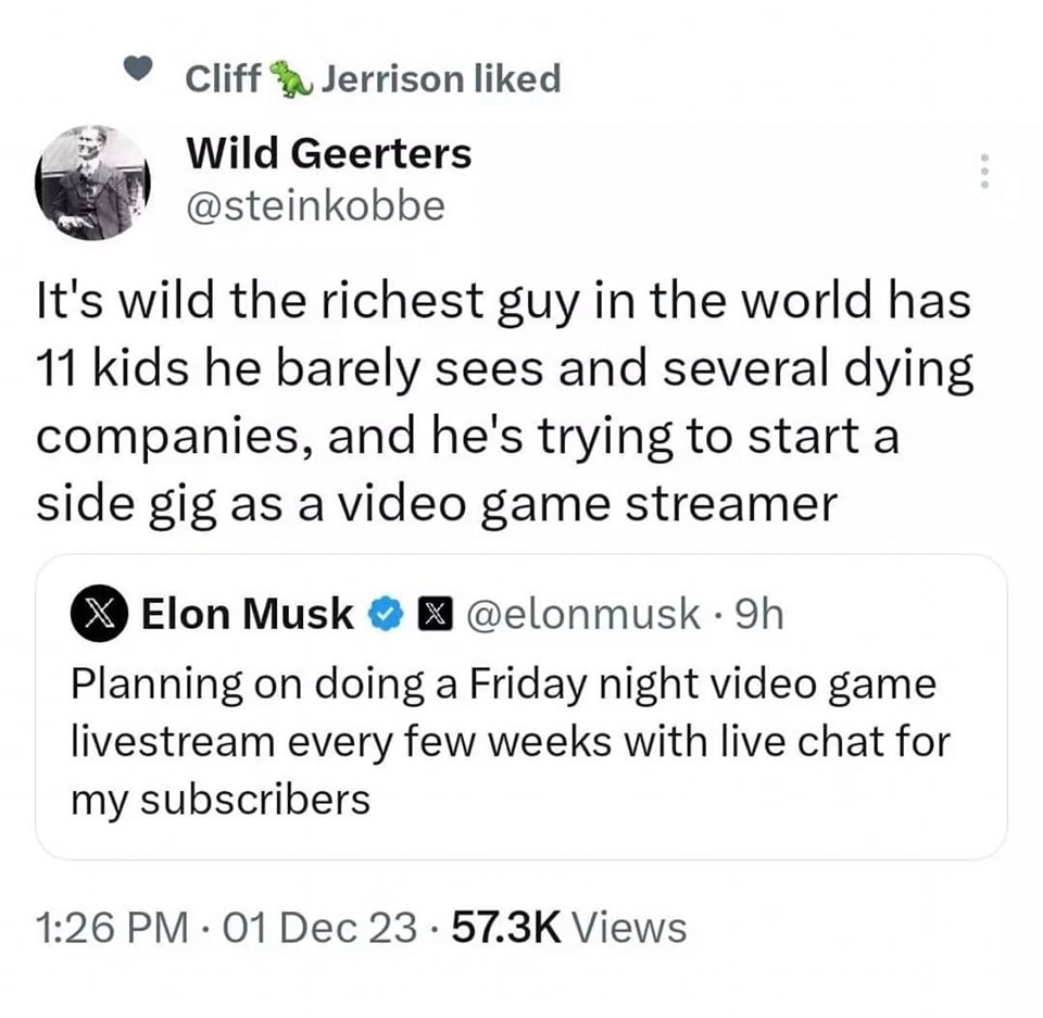 This meme is a joke about a wealthy person's tweet about their plans for a live stream. The tweet is from Elon Musk, who is known for his unconventional and sometimes humorous social media presence. The tweet mentions planning a live stream, but the tone is sarcastic and humorous, implying that the idea of a live stream from a wealthy person is humorous and unexpected.