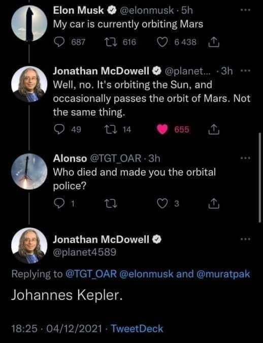 The meme is a Twitter exchange between Elon Musk and Jonathan McDowell, an astronomer. Elon Musk tweets about his car being in orbit around Mars, and Jonathan McDowell responds with a sarcastic comment about the car's lack of police officers. The exchange is followed by a comment from "Alonso" asking who made the car's owner an "orbital police" officer.