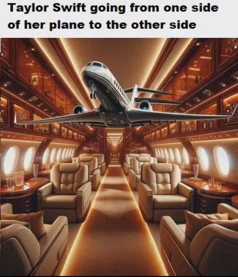 This meme is an image of a commercial airliner with a caption that reads, "Taylor Swift going from one side of her plane to the other side." The image is meant to be humorous, implying that Taylor Swift, a celebrity known for her music and public persona, is so wealthy and privileged that she can travel on a private plane, but still has to get up from her seat to go to the other side of the plane, which is a humorous exaggeration of her supposed wealth and luxury.