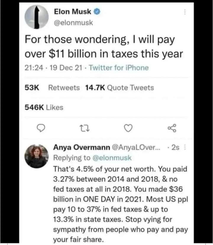 The meme is a Twitter exchange between Elon Musk and a user named Anya Overman. The user, @AnyaLOverman, is responding to a tweet from Elon Musk, who is making a tongue-in-cheek comment about his net worth. The user responds with a sarcastic and humorous comment, pointing out the absurdity of Musk's statement and the fact that he is not paying his fair share of taxes. The user's response is a commentary on the wealth inequality and the lack of tax fairness in the US.