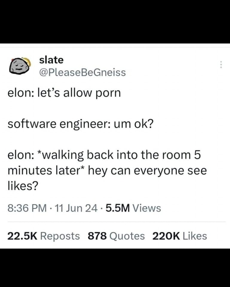 The meme is a humorous exchange between Elon Musk and a software engineer. Elon Musk asks the engineer to allow him to access explicit content, but the engineer responds with a humorous and sarcastic "um ok?" The exchange is a playful and lighthearted way to poke fun at the idea of a high-profile figure like Musk requesting something that's not typically allowed in a professional setting.