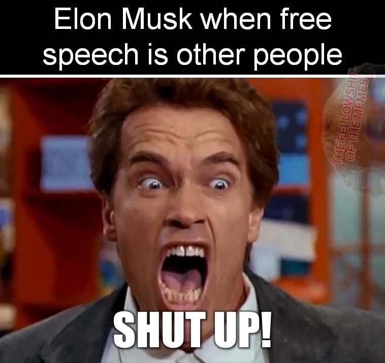 This meme is a humorous commentary on the public's perception of Elon Musk's views on free speech. The image features a shocked expression from a movie or TV character, with the caption "Elon Musk when free speech is other people". The text "SHUT UP!" is overlaid on the image, implying that Musk is shocked and angry when others are not allowed to express their opinions freely.