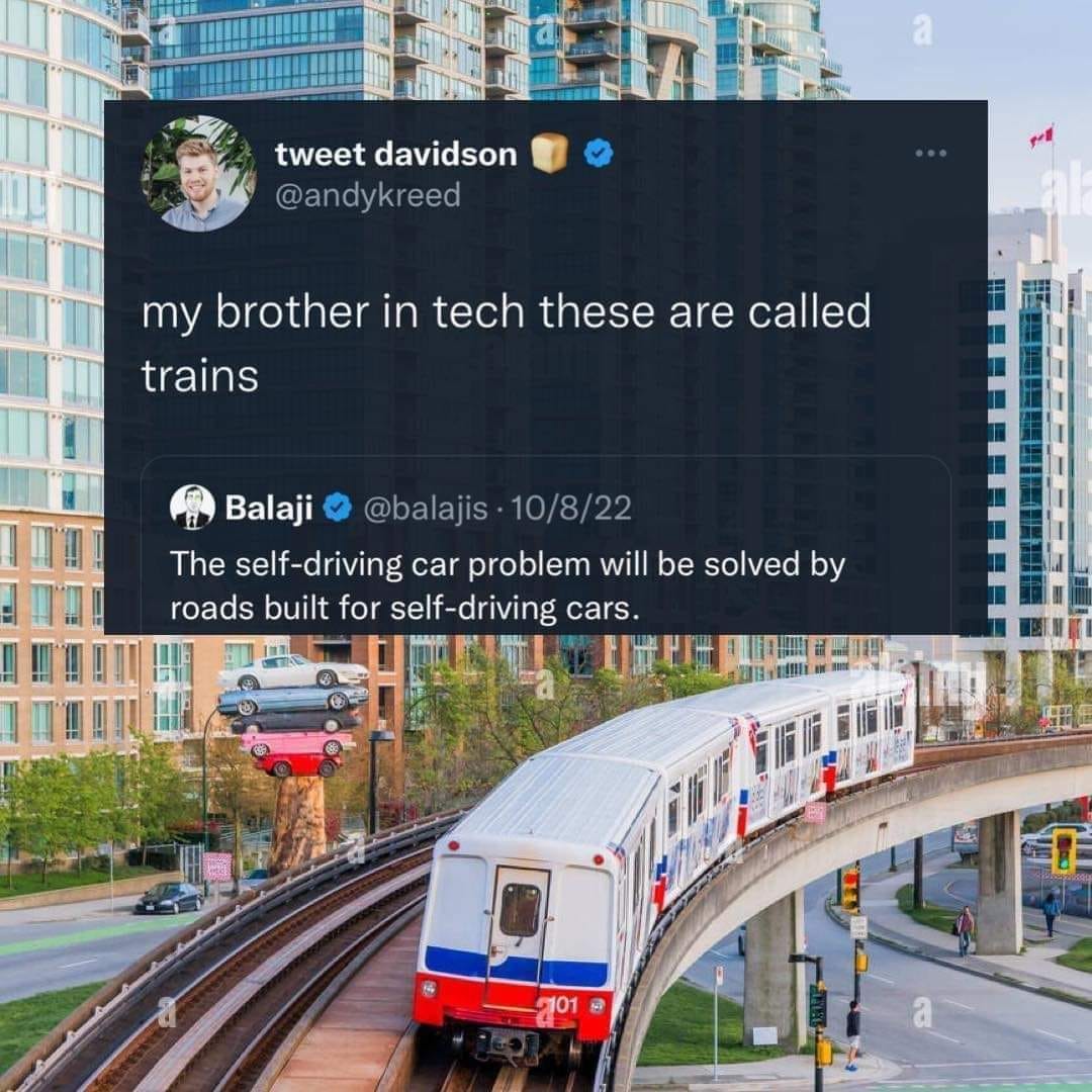 This meme is a joke about the concept of self-driving cars, which are designed to operate without human intervention. The image features a screenshot of a tweet from Twitter user "Balaji" (real name: Balaji S. Praditi), who is a well-known tech personality. The tweet reads: "The self-driving car problem will be solved by roads built for self-driving cars."