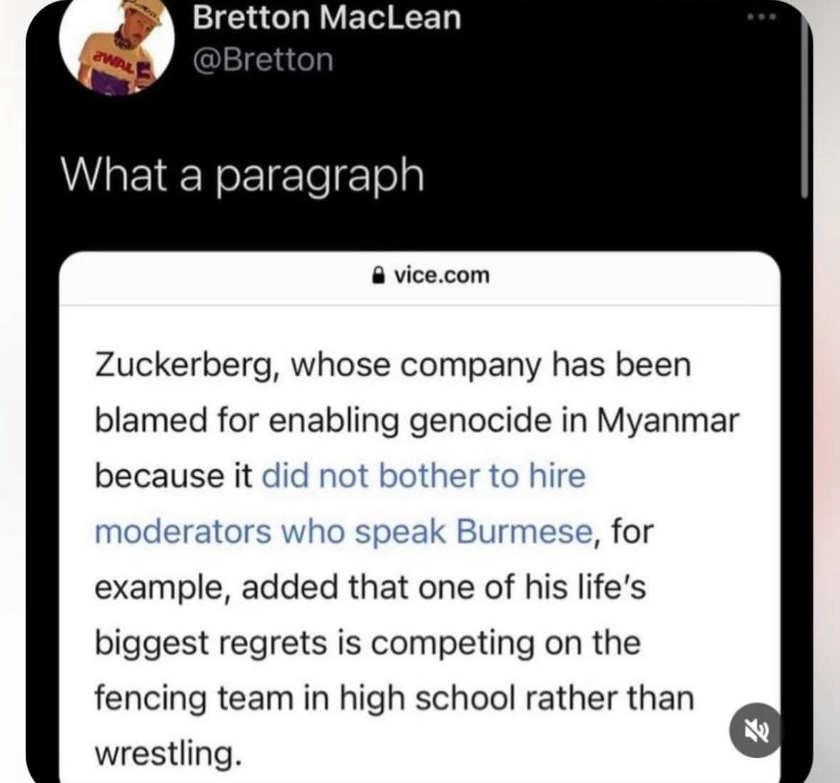 The meme is a screenshot of a tweet that reads: "What a paragraph" followed by a link to an article on the website vice.com. The article is a quote from a speech by Mark Zuckerberg, where he says: "I don't think it's a good idea to have a president who has a lot of power and a lot of people who are not in the right place to do it."