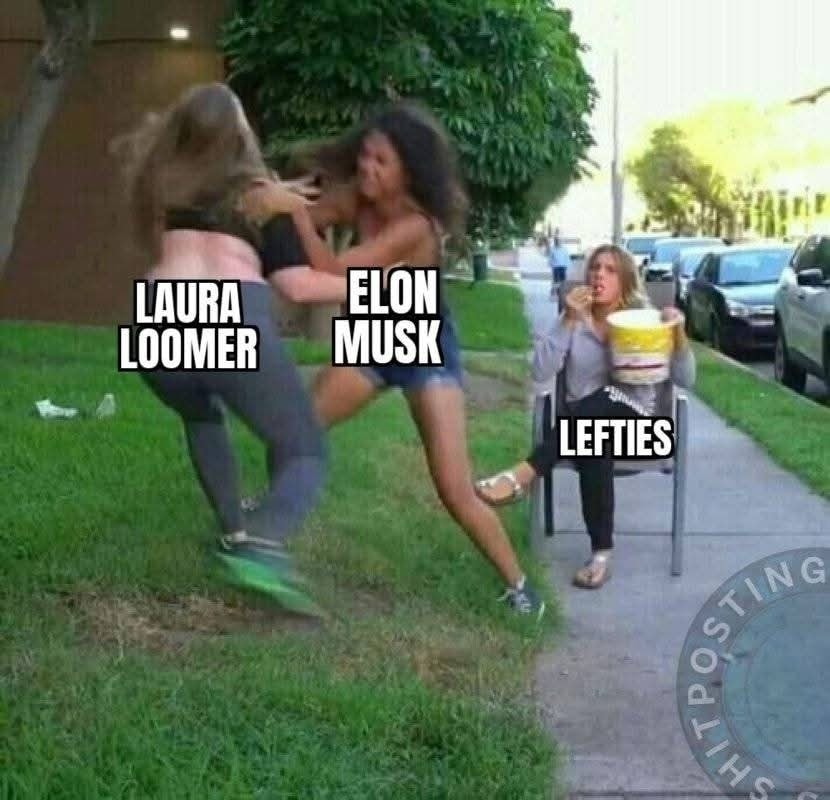 This meme is a humorous image of three women fighting on a sidewalk. The text labels on the women read "Laura Loomer", "Elon Musk", and "Lefties". The image is likely meant to be humorous and satirical, poking fun at the idea of a high-profile figure like Elon Musk getting into a physical altercation with someone who is left-leaning.