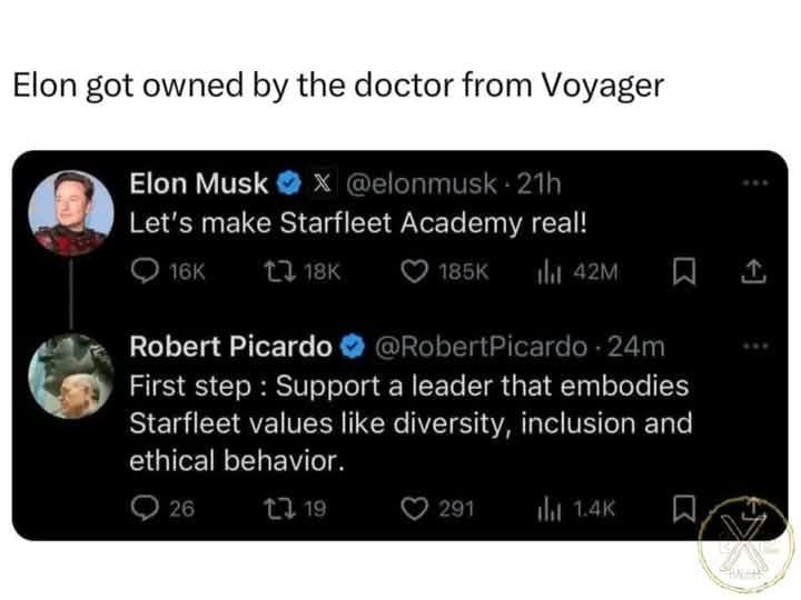 This meme is a screenshot of a Twitter conversation between Elon Musk and Robert Picardo, where they are discussing the new Star Trek series, Star Trek: Picard. The conversation starts with Elon Musk saying "Let's make Star Trek: Picard" and Robert Picardo responding with "First step: Support a leader that embodies Star Trek values like diversity, inclusion, and ethical behavior." The meme is humorous because it implies that Elon Musk is trying to start a new Star Trek series, but is instead getting advice from a Star Trek veteran, Robert Picardo, who is known for his role as a Star Trek character, but is not actually involved in the new series.