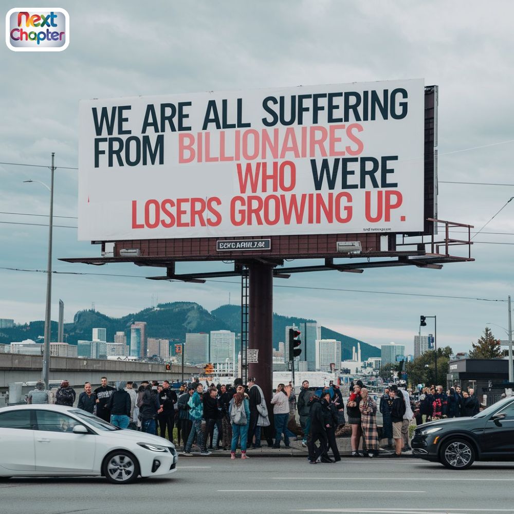 This meme is a photo of a billboard in a city, with a large sign that reads "We are all suffering from billionaires who were losers when they were growing up." The text is written in bold, colorful letters and is meant to be humorous and ironic, poking fun at the idea that many successful people have a certain level of success because they were able to overcome their own personal struggles. The image is meant to be a commentary on the idea that many people who have achieved success have had to overcome their own personal struggles in order to achieve it.