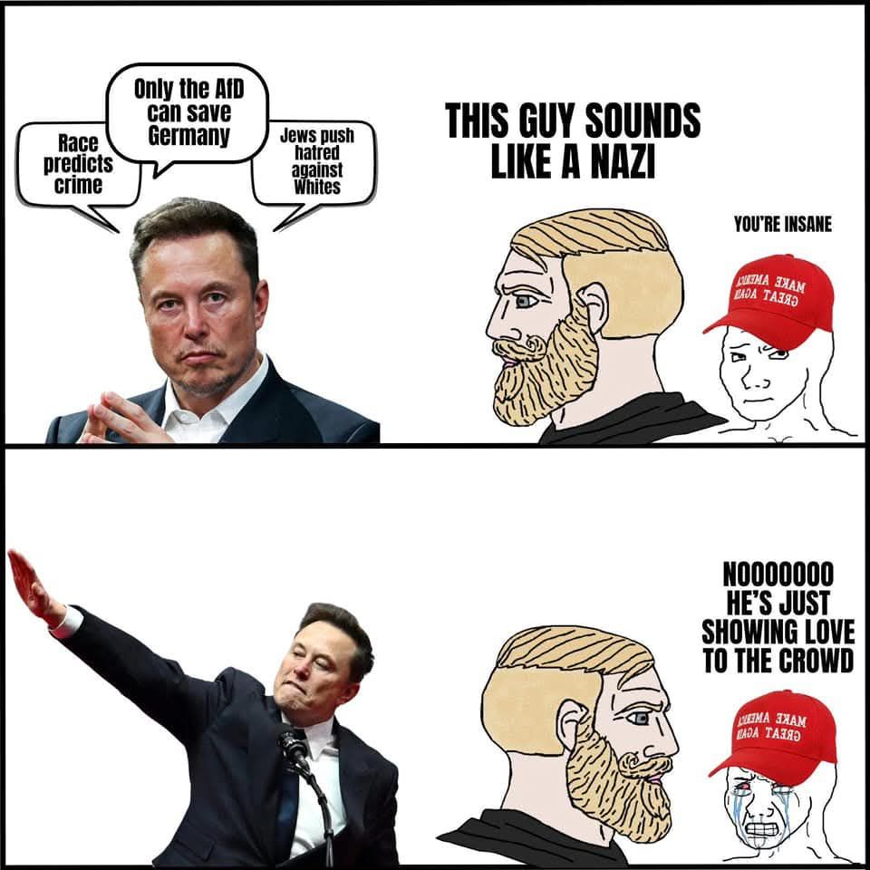 This meme is a satirical commentary on the public perception of Elon Musk's views on the internet. It shows a split-screen image of Musk, with one side saying "Only the AID can save Germany" (a reference to the German AID, or "All-In-Done" in German, a joke about the German AID's role in saving Germany) and the other side saying "Only the AID can save Germany" in a satirical tone, as if it's a joke about the AID's role in saving Germany. The meme pokes fun at the idea that the AID is a "joke" that can save Germany, and is a humorous way to poke fun at the idea of the AID's role in saving Germany.