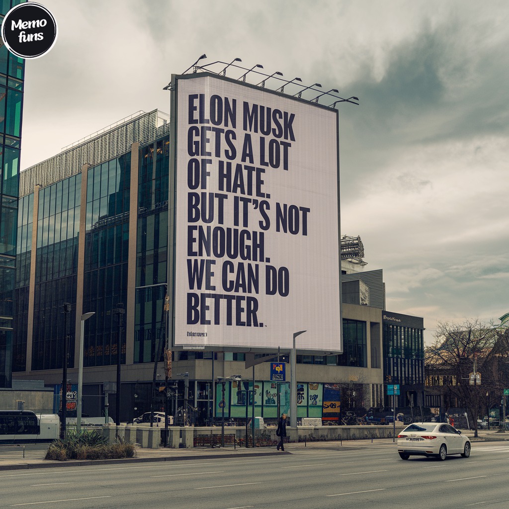 This meme is a humorous image with a large billboard-like sign that reads "ELON MUSK GETS A LOT OF HATE. BUT IT'S NOT ENOUGH. WE CAN DO BETTER." The text is in a bold, playful font and is displayed prominently on a large, city-style billboard. The image is meant to be humorous and ironic, poking fun at the idea that even someone as popular and influential as Elon Musk can still get a lot of hate, but not enough to be a problem.