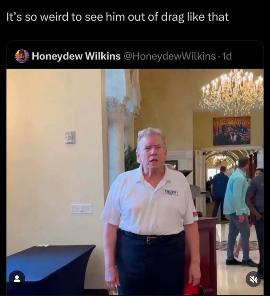 This meme features a photo of Donald Trump, the former US President, with a caption that implies he's attending a drag show, a type of performance where people dress up as the opposite sex. The image is likely a joke about Trump's personality and the idea that he would be out of place in a drag show. The caption "It's so weird to see him out of drag like that" is likely meant to be humorous and ironic.