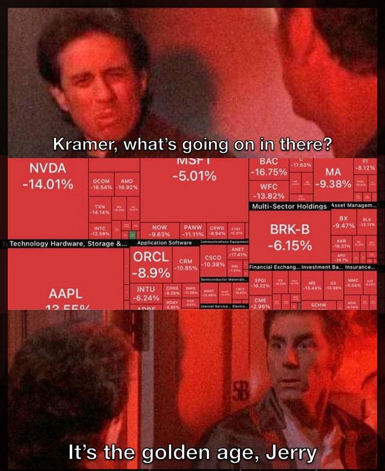 This meme is a humorous take on the classic "Seinfeld" episode "The Soup" where Jerry's friend, George, is asked "What’s the story, George?" and responds with a long-winded, absurd explanation. In this meme, a stock market ticker is displayed, but instead of a stock price, it shows a "What's the story?" style response, explaining the current state of the stock market, which is a "down" market, as indicated by the red color of the stock ticker. The text "It's the stock market's story" is a play on the "What's the story" phrase, and the image shows a stock market ticker with all the stocks listed in the red, indicating a down market.