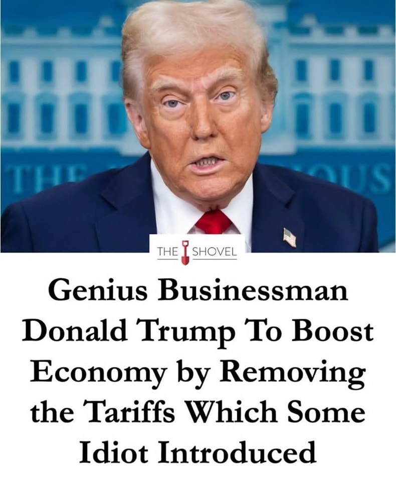 This meme is a humorous image of Donald Trump with a caption referencing a fictional article title. The image shows Trump with a surprised expression, and the text "Genius Businessman Donald Trump To Boost Economy by Removing the Tariffs Which Some Idiot Introduced" is displayed in a mock newspaper headline style. The text is likely meant to be humorous and ironic, implying that Trump's actions are not actually boosting the economy, but rather causing it to be worse.