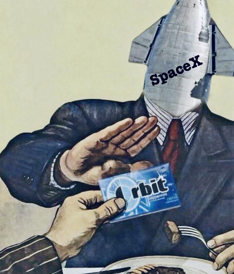 The meme is a play on the 1950s advertisement "Cave Man" for L'Oréal's women's hair care products, but with a space-themed twist. The original image features a cave man-like figure, but in this meme, it's a space-themed character, with a SpaceX rocket for a head, and the text "SpaceX" is written on the rocket. The character is holding a box of Orbit gum, with the text "Orbit" on the box, and the text "SpaceX" on the rocket.