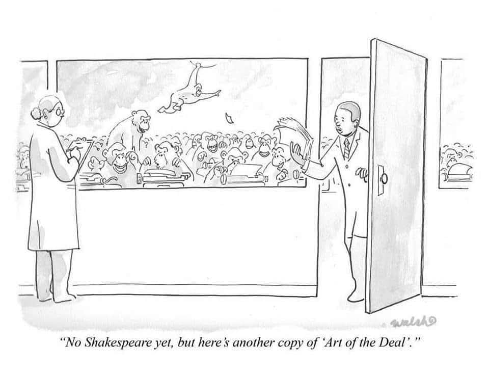 This meme is a cartoon of a classroom scene where a teacher is trying to get the students' attention. The teacher says "No Shakespeare yet, but here's another copy of 'The Art of the Deal'". The joke is that the teacher is trying to get the students' attention, but instead of saying "no Shakespeare yet", they're saying "no Shakespeare" and "here's another copy of 'The Art of the Deal'". The "The Art of the Deal" is a book by Donald Trump, so the joke is that the teacher is trying to get the students' attention, but instead of saying "no Shakespeare" they're saying "here's another copy of 'The Art of the Deal'".