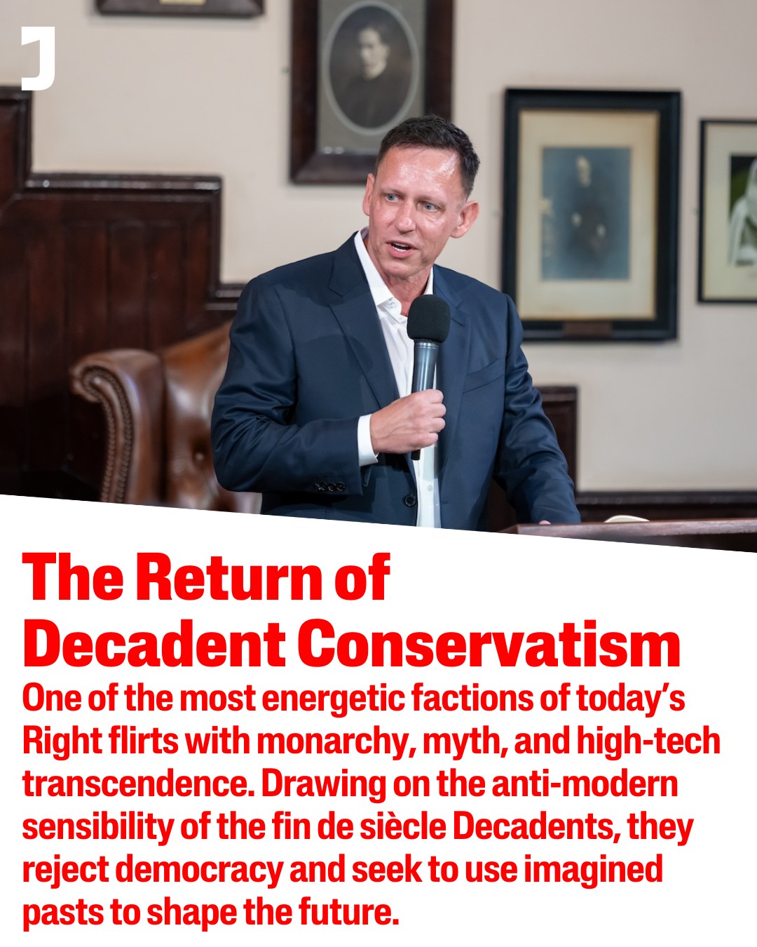 This meme features a photo of a man in a suit speaking into a microphone, with a serious expression. The text below the image reads, "The Return of Decadent Conservatism" in bold red letters, followed by a lengthy paragraph of text that describes the return of a certain type of conservative ideology. The text is written in a formal, academic tone and describes the return of a certain type of conservative ideology, but the exact topic is not specified.