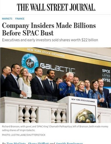 The meme is a screenshot of a news article from The Wall Street Journal with the title "Company Insiders Made Billions Before SPAC Deal Unraveled". The article reports on the financial success of insiders of a company before it went public through a SPAC (Special Purpose Acquisition Company) deal, but the company's stock price plummeted after the deal's failure. The article's title is in bold, and the text below it is in a smaller font.