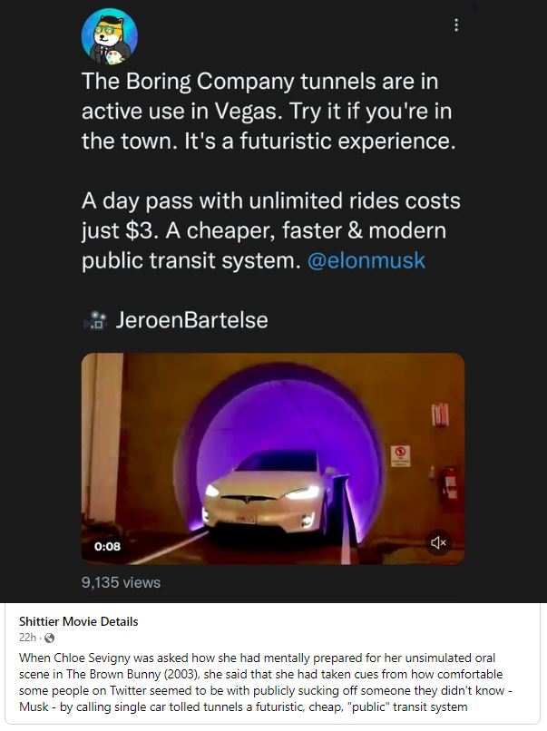 This meme is a screenshot of a tweet from Elon Musk, the CEO of Tesla and SpaceX, where he compares his Boring Company's tunnels to the "Boring" movie starring 80s teen comedy star, 80s teen comedy star, starring a 80s teen comedy star. The tweet says "The Boring Company tunnels are in active use in Vegas. Try it if you're in the town. It's a futuristic experience." The tweet includes a video of a car driving through a tunnel.
