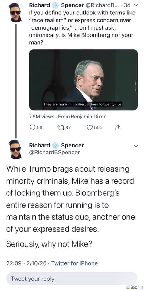 The meme is a screenshot of a Twitter conversation between Richard Spencer and a user named "Richard B. Spencer" (not to be confused with the white supremacist of the same name). The conversation starts with Richard B. Spencer asking if someone can define their "outlook" in terms of "race realism" or "expressing concern over demographics." The user responds with a quote from the 2017 film "The 100" about a character's backstory, which is a joke about a character's "outlook" in a "demographic" context.