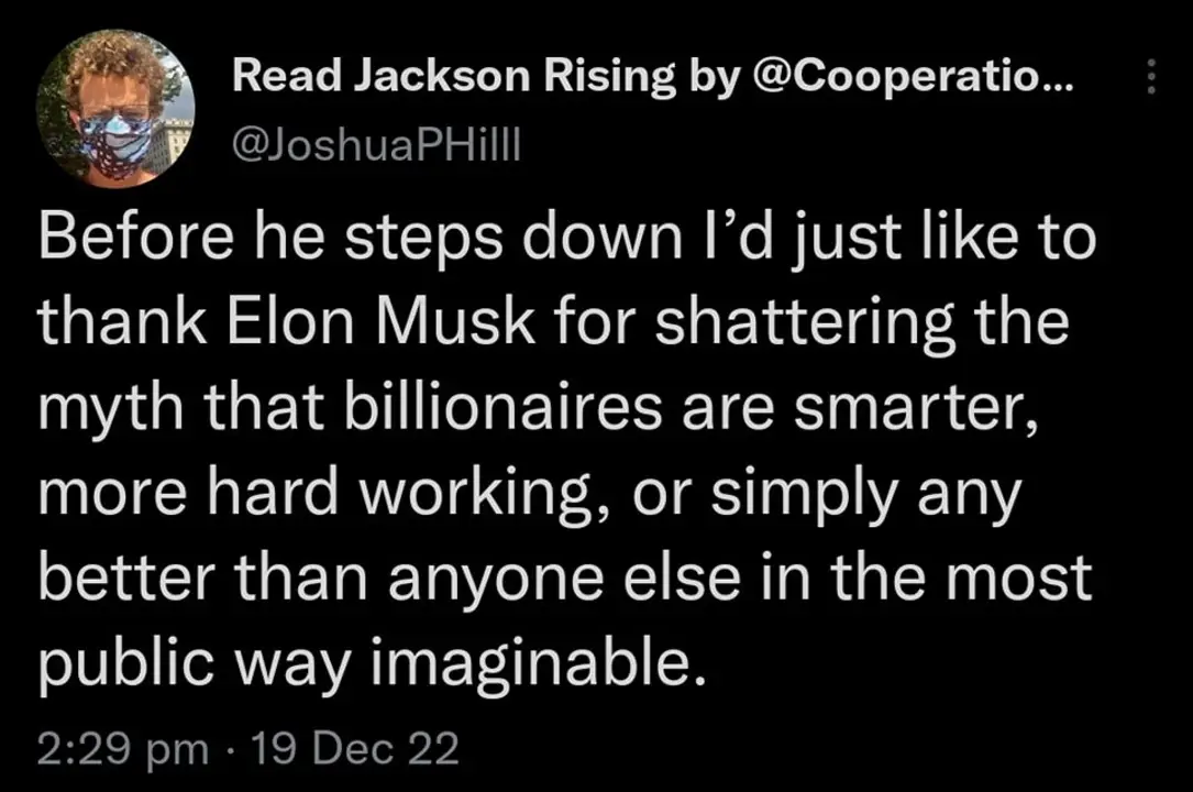 This meme is a screenshot of a Twitter post from user @JoshuaPHilll. The text reads: "Before he steps down I'd just like to thank Elon Musk for shattering the myth that billionaires are smarter, more hard working, or simply any better than anyone else in the most public way imaginable."