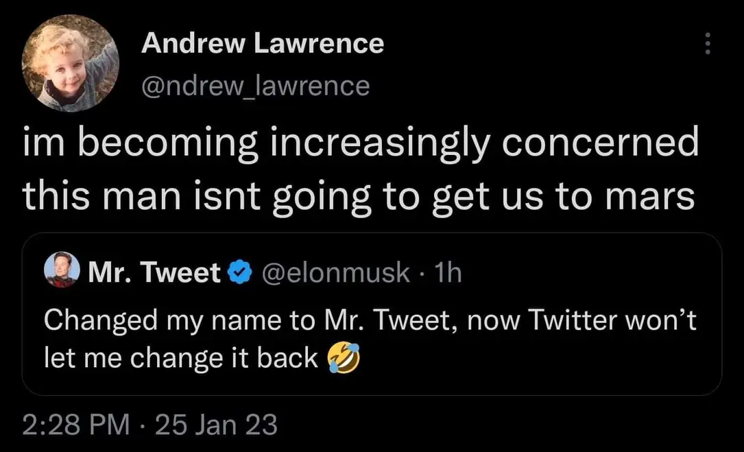 This meme is a screenshot of a Twitter conversation between Elon Musk and someone named "Mr. Tweet". The user "Mr. Tweet" responds to Elon Musk's tweet about his name change, saying "I'm becoming increasingly concerned this man isn't going to get us to Mars". Elon Musk replies with a joke about his name change, saying "I changed my name to Mr. Tweet, now Twitter won't let me change it back".