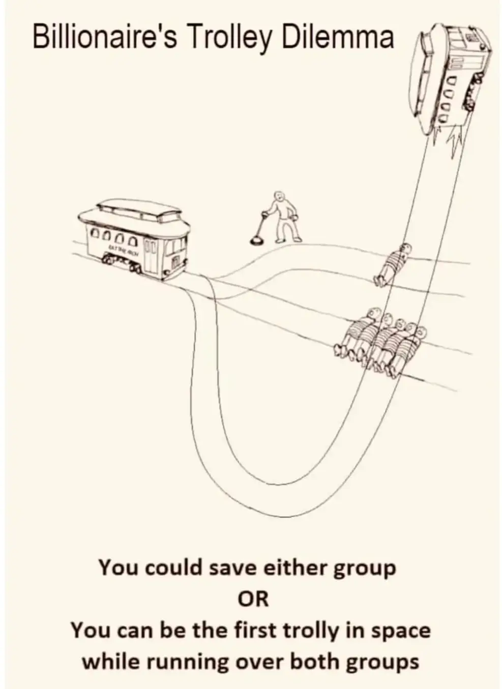This meme is a humorous comparison between the financial struggles of the extremely wealthy and the challenges of the financially struggling. The image depicts a scenario where a person is trying to rescue a group of people who are stuck in a cave, but the only way to save them is to sacrifice one of the group members, who will be sent to a different dimension. The text reads: "Billionaire's Trolley Dilemma: You can save either group. You can be the first trolley in space while running over both groups."