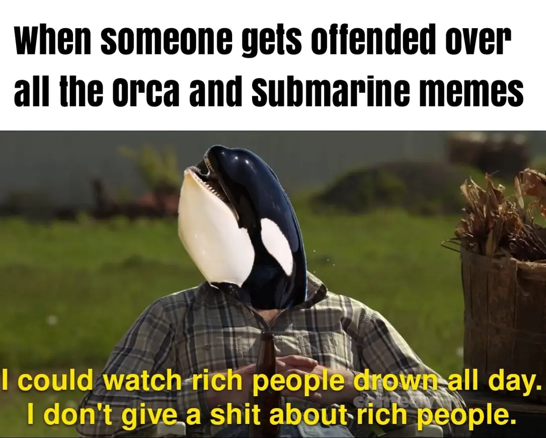 This meme features a photo of a person wearing a orca (killer whale) costume, with the caption "When someone gets offended over all the Orca and Submarine memes". The image is accompanied by a quote from the movie "The Shining" where a character says "I could watch rich people drown all day. I don't give a shit about rich people." The meme is a humorous take on the common theme of people getting upset over internet memes.