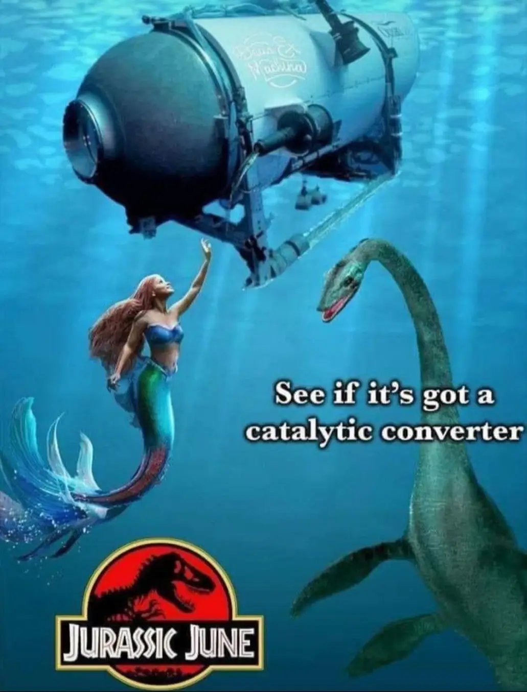 This meme is a humorous adaptation of the iconic movie "Jurassic Park" title, but with a twist. The image shows a scene from the movie, but with a few key changes: the T-Rex is replaced by a T-Rex-like creature with a "Jurassic Park"-style logo, and the "Park" part of the title is replaced with "Park" and "June" is added. The text "See if it's got a catalytic converter" appears in the image, which is a humorous reference to a joke about a car's engine.