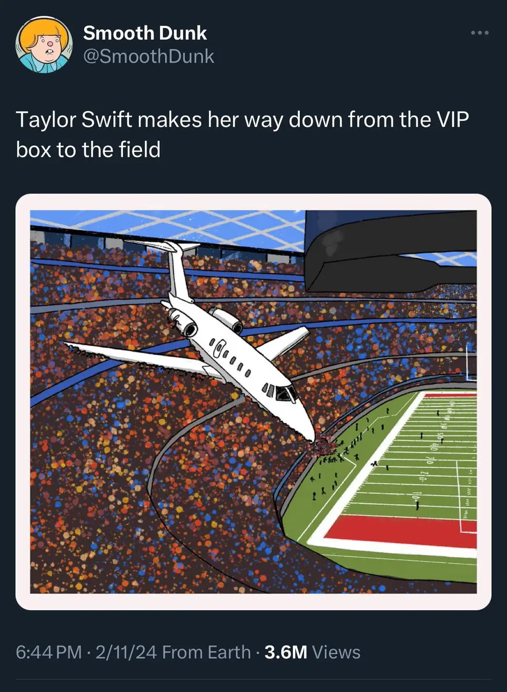 The meme is a play on the phrase "Taylor Swift is going down" and features an image of a plane crashing into a football stadium. The text at the top of the image reads, "Taylor Swift makes her way down from the VIP box to the field." The image is humorous because it's an absurd and impossible scenario, and the phrase is a play on words referencing the phrase "going down" in a musical sense.