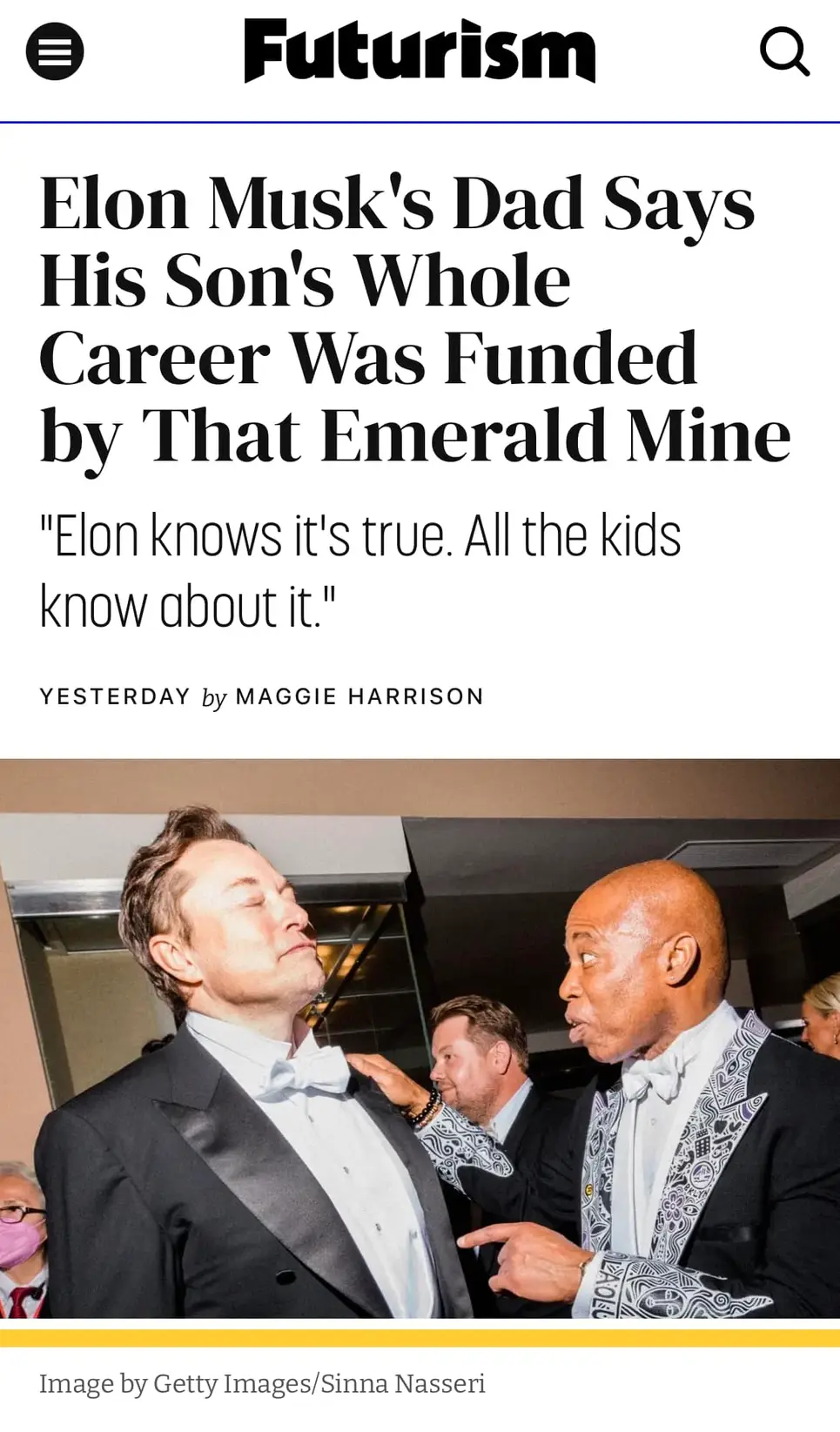The meme is an image of a famous photo of Elon Musk and Dwayne "The Rock" Johnson from the 2023 Met Gala. The image is captioned "Elon Musk's dad says his son's whole career was funded by that 'emerald' mine." The meme is likely referencing a joke or a humorous situation, but the exact context and meaning are unclear without more information.