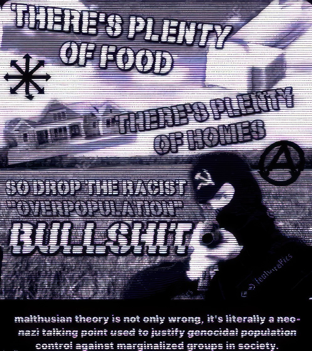 This meme is a humorous critique of the idea of "malthusian theory" being used to justify the treatment of marginalized groups. The image shows a person holding a sign with the text "There's plenty of food" and "There's plenty of homes" but the text is crossed out and replaced with "There's plenty of bullets". The text at the bottom reads "Malthusian theory is not just wrong, it's literally a neo-nazi talking point used to justify genocidal population control against marginalized groups in society".
