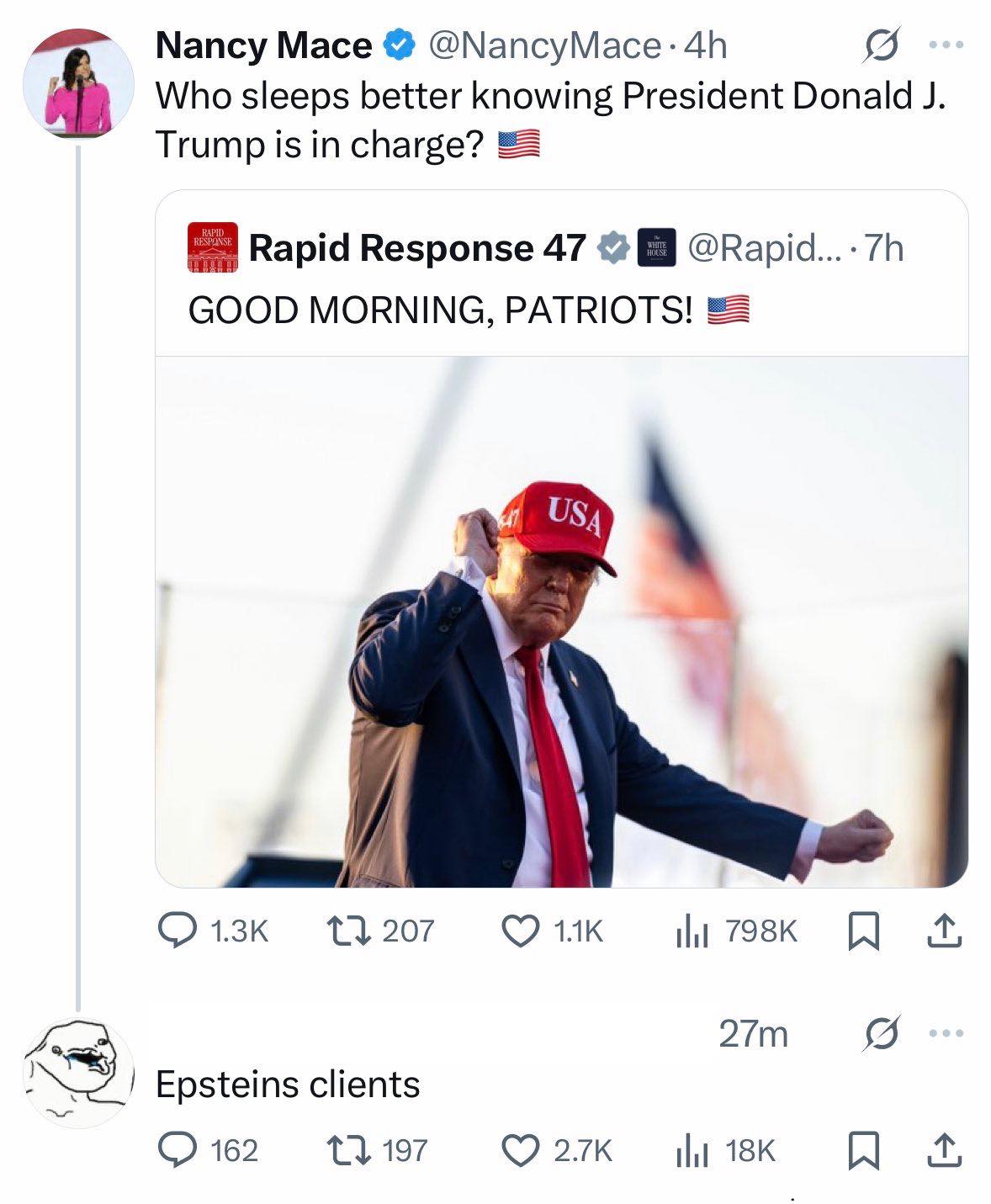 The meme is a tweet from Nancy Mace, a Republican politician, asking who is in charge of knowing better about President Donald Trump. The tweet is accompanied by a photo of Trump, and a response from someone called "E...