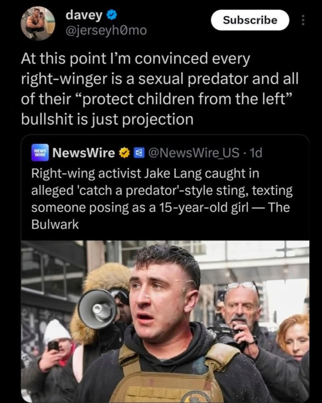 The meme is a tweet from Davey, a right-wing activist, who claims that every right-winger is a sexual predator and that all of their "protect children from the left" bull … [See the rest at: https://www.theskeptic.com...