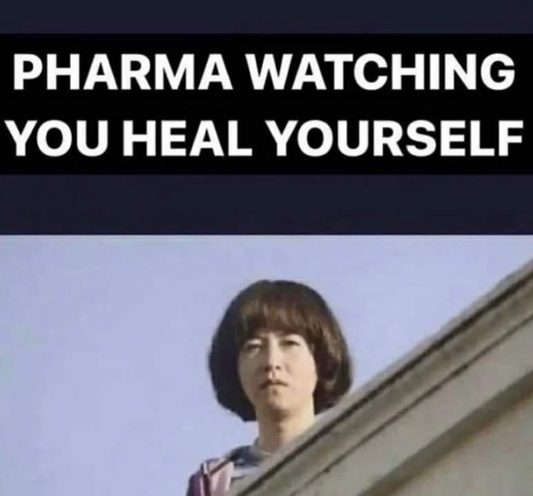 This meme is a humorous reference to the Netflix show "Stranger Things" and the character Eleven, who has a special ability to heal others. The image shows Eleven's face from the show, with the text "Pharma watching you heal yourself" above it. The meme is poking fun at the idea that pharmaceutical companies are watching and monitoring people's health, implying that they are interested in their healing processes.