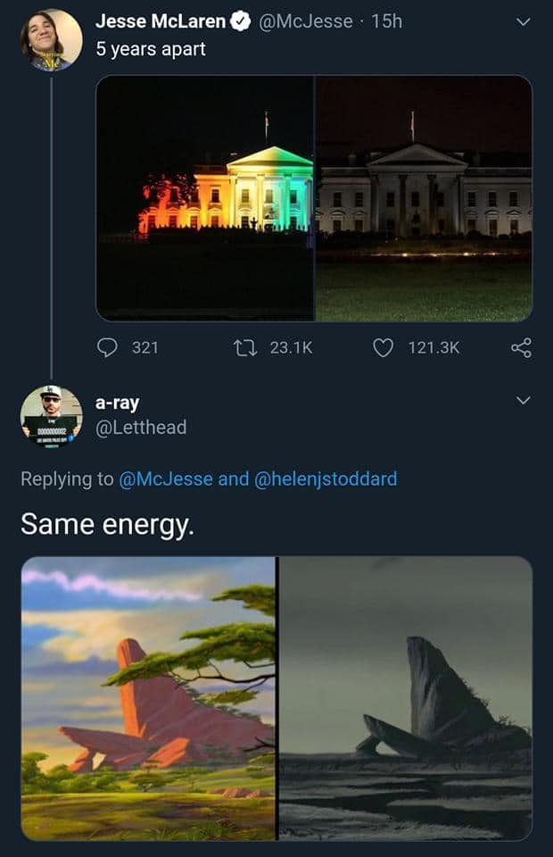 This meme is a humorous comparison between two images. The top image shows the White House lit up in rainbow colors, representing the LGBTQ+ community's pride and acceptance. The bottom image shows a shark attacking a boat, implying that the White House's support for LGBTQ+ rights is as "dead" as the boat in the shark attack. The text "same energy" is used to convey the idea that the two images are similar in their lack of success.