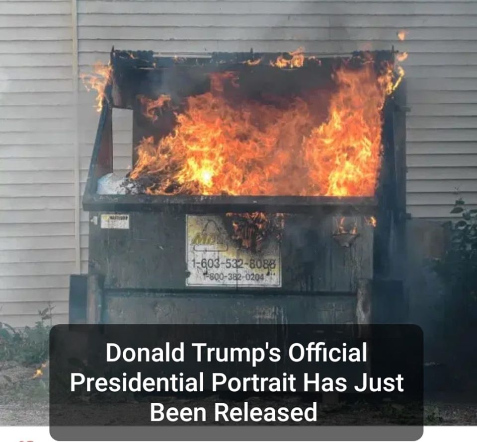 This meme is a humorous image of a dumpster on fire, with flames shooting out of the top. The image is captioned "Donald Trump's Official Presidential Portrait Has Just Been Released" in a tongue-in-cheek reference to the former President's controversies and scandals during his presidency. The image is meant to be humorous and satirical, poking fun at the idea that Trump's official portrait would be a dramatic and explosive event.
