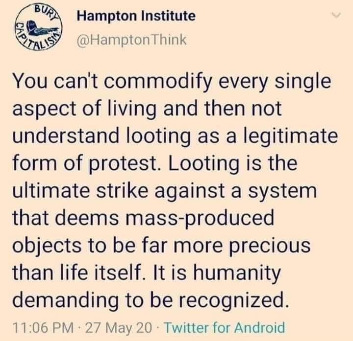 This meme is a satirical commentary on the concept of "looting" in the context of the 2020 Black Lives Matter protests. The text reads: "You can't even understand looting as a legitimate form of protest. Looting is the ultimate strike against a system that deems mass-produced objects to be far more precious than life itself. It's humanity demanding to be recognized." The meme uses irony and sarcasm to highlight the societal value of material possessions over human life.