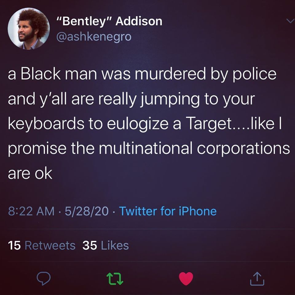 The meme is a tweet from "Bentley" (a Twitter user) responding to the murder of George Floyd by a police officer. The text reads: "a Black man was murdered by police and you're all excited about a keyboard shortcut. Priorities, folks."