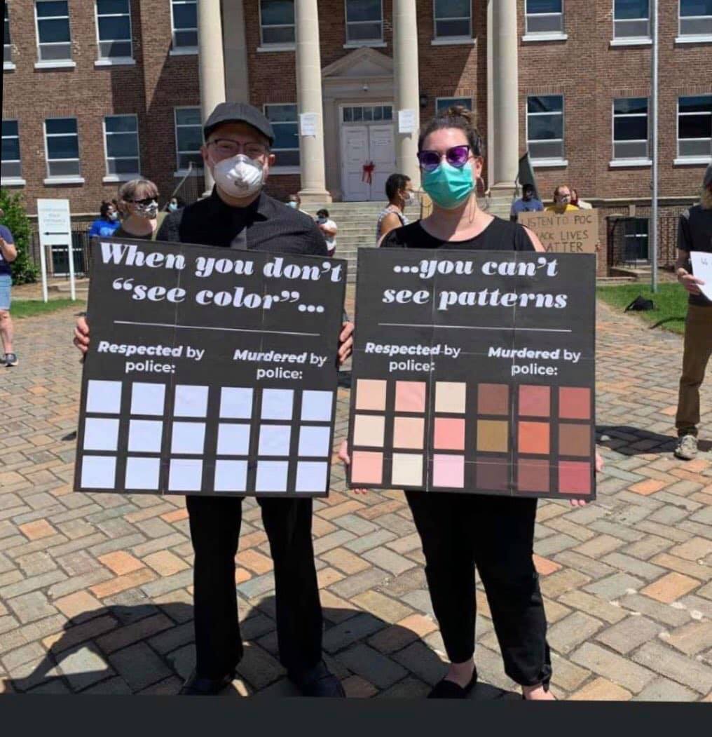 The meme is a play on the phrase "when you don't see color" and "when you can't see patterns" with a visual representation of a color palette and a pattern of shapes, respectively. The text in the image reads: "When you don't 'see color'... when you can't 'see patterns'". The meme is likely referencing the idea that some people are not aware of or are ignoring the racism and systemic issues that are present in society.