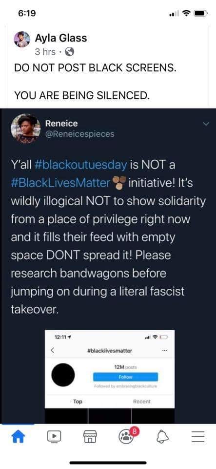 The meme is a screenshot of a Facebook post that says "DO NOT POST BLACK SCREENS. YOU ARE BEING SILENCED." The post is a response to a situation where users are being prevented from posting anything with a black screen, as a form of protest against the censorship of certain topics.