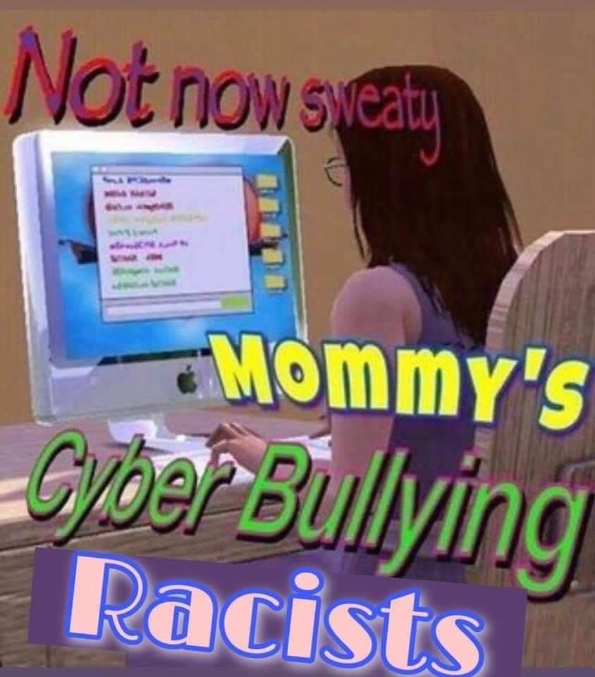 The meme is an image of a character from the video game "The Sims" sitting in front of a computer. The text "Not now sweaty" is written in a playful, cursive font above the character's head, while the text "Mommy's cyberbullying" is written in a bold, childlike font below the character's screen. The image is meant to be humorous and satirical, poking fun at the idea of a mother being a cyberbully.