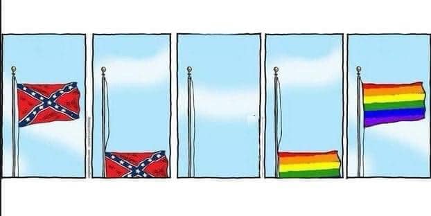 This meme is a humorous comparison between the American Civil War and the LGBTQ+ movement. The image shows a Confederate flag (representing the South's struggle to preserve slavery) and a rainbow flag (representing the LGBTQ+ community's struggle for equality) both being torn apart by the same wind, implying that both struggles are being "torn apart" by the same forces. The text at the bottom reads "Same wind".