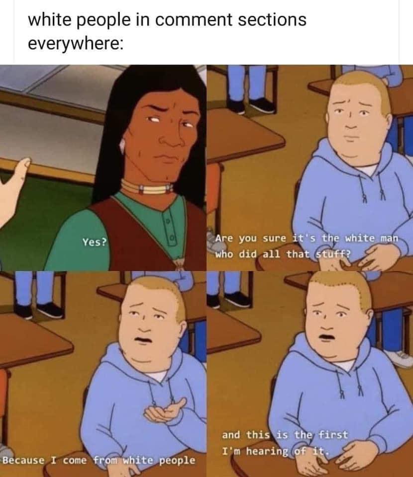 This meme is a humorous exchange between two characters from the animated TV series "King of the Hill". The meme uses a quote from the show to poke fun at the common phenomenon of trolls and online harassment. The text at the top reads "white people in comment sections everywhere" and the image below shows a character saying "I'm not saying it's the white man who did it, I'm saying I am the white man" in a conversation with a Native American woman.