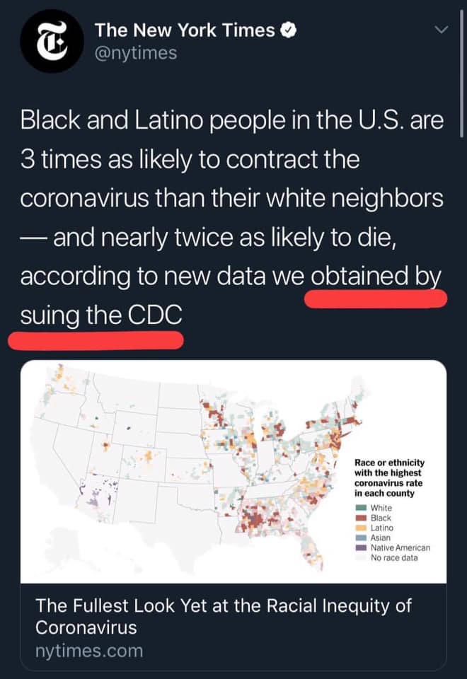This meme is a screenshot of a New York Times article that has been modified to make a humorous comment about the COVID-19 pandemic. The text on the image reads: "Black and Latino people in the US are 3 times as likely to contract COVID-19 and nearly 3 times as likely to die from it compared to white people." The image is a satirical commentary on the article's claim that "Black and Latino people in the US are 3 times as likely to contract COVID-19 and nearly 3 times as likely to die from it compared to white people."