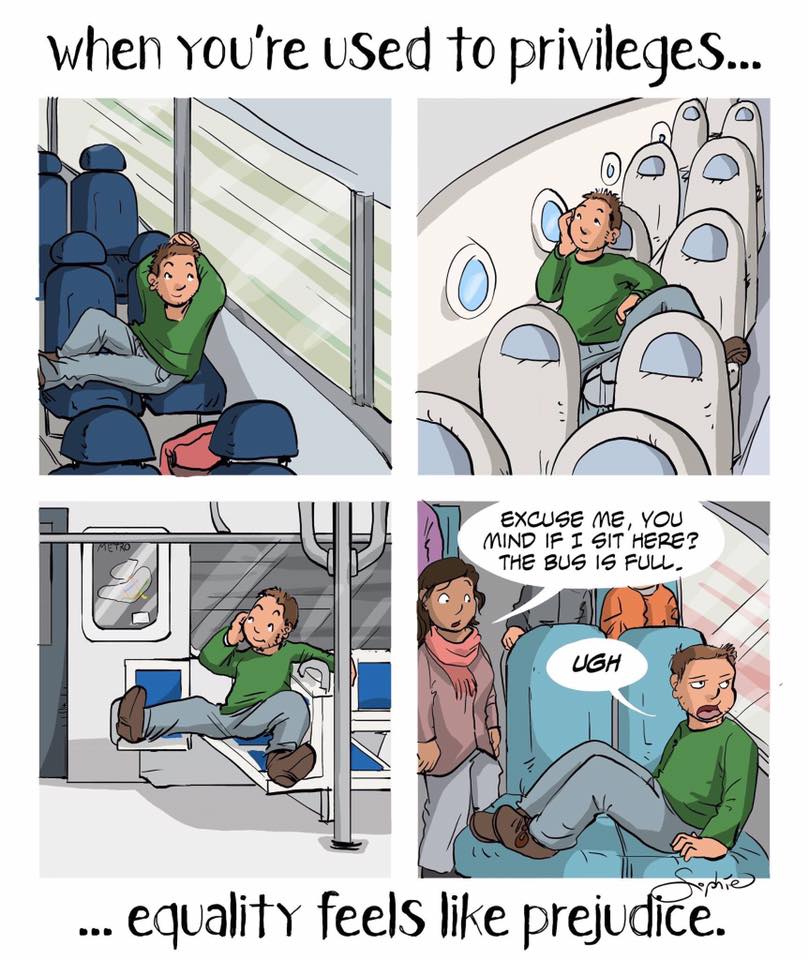 This meme is a humorous commentary on the concept of "privilege" and how it can be used to justify or excuse one's own actions. The image shows a man sitting in an airplane seat, then on a train, then on a bus, and finally on a couch, each time being asked to move to the next seat or stand up, with the text "when you're used to privileges" and "...equality feels like prejudice".