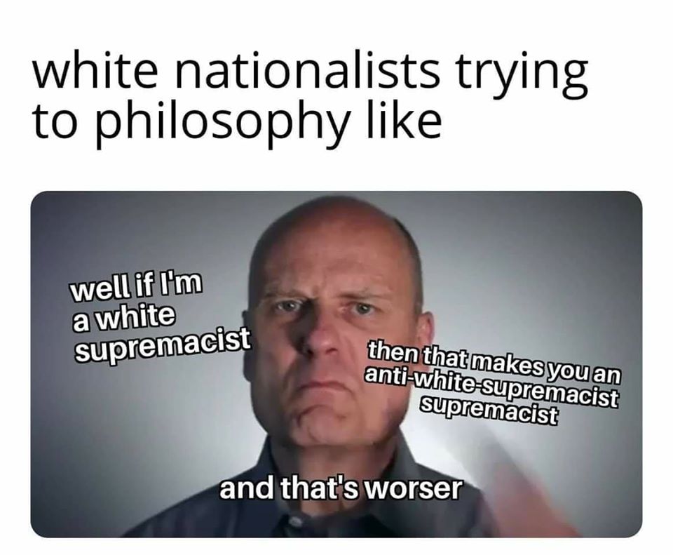This meme is a humorous take on the idea of "white nationalists" trying to sound philosophical. The image features a still of a person with a serious expression, and the text "well if I'm a white supremacist" is written in a sarcastic tone. The person then says "and that makes me an anti-white-supremacist supremacist" which is a contradictory and absurd statement. The image is captioned "white nationalists trying to philosophy" which implies that they are trying to sound philosophical but are actually just being absurd.
