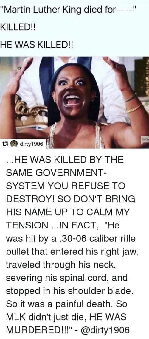 This meme is a humorous commentary on the infamous "I can do all things through Christ" quote from Martin Luther King Jr.'s "I Have a Dream" speech. The image features a screenshot of a dramatic TV show scene with a character's shocked expression, accompanied by a text overlay that says "I have a dream... that my children will not be killed by the police." The text is then followed by a satirical response that imagines a fictional scenario where a police officer is killed by a 30-06 rifle bullet, with the author's account name "dirty1906" and a link to the original tweet.